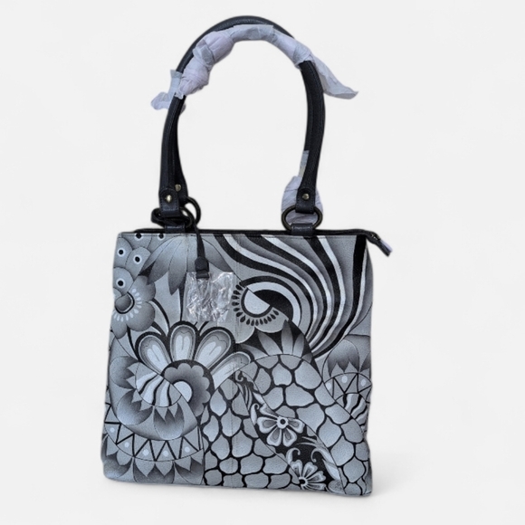 Anuschka Patchwork Leather Purse Medium Gray Black Hand Painted NWT - Picture 2 of 6